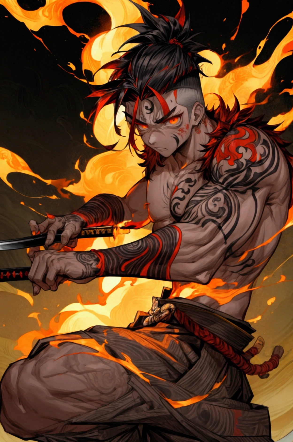 (masterpiece), (best quality), (detailed), a male, asura god, god of chaos, destroyer, white undercut hair, flaming eyes, torso symbols tattoo, flames around body, japanese style, rage, samurai katana, foo dogs