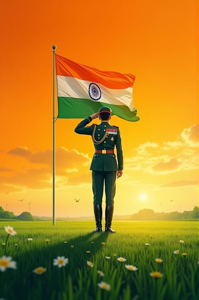 A indian soldier saluting his flag. The ground is green with grass and the sky is a vibrant orange. Point of view from the back