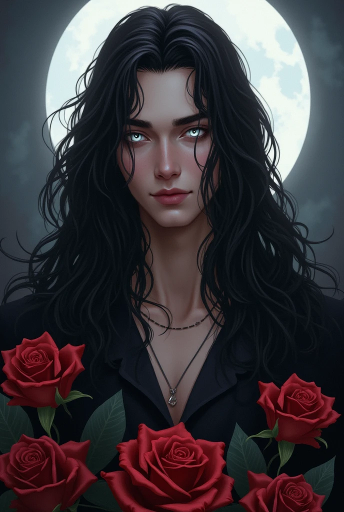 A handsome man with white eyes and long black hair. There are roses around her and the full moon shines behind her