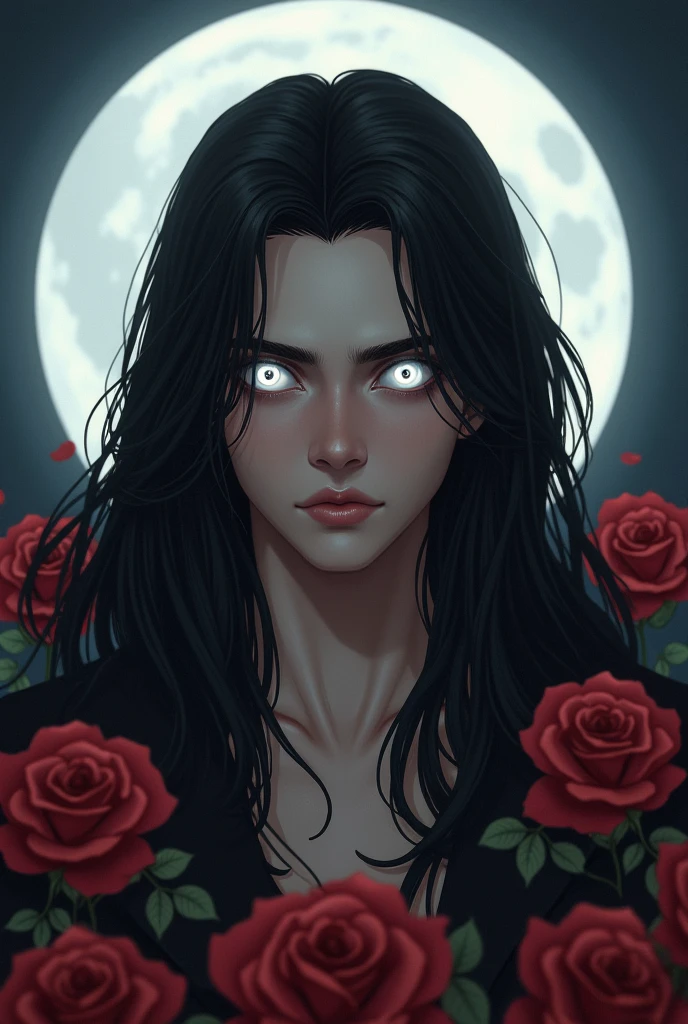 A handsome man with white eyes and long black hair. There are roses around her and the full moon shines behind her
