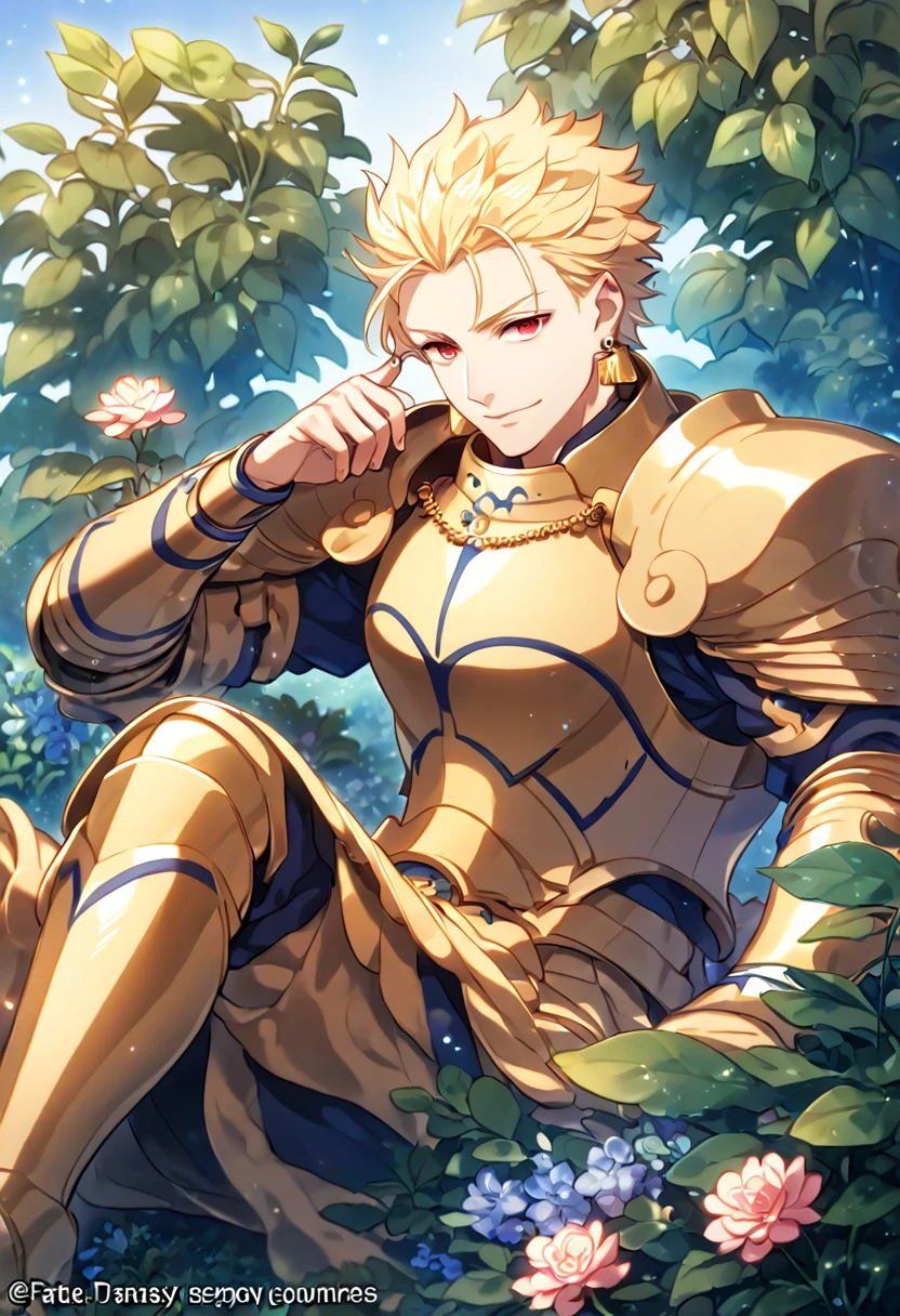 absurdres, highres, ultra detailed, HDR, master piece, best quality, extremely detailed face, delicated features, Gilgamesh, blonde hair, hair slicked up, ruffled hair, expressive red eyes, Fate Stay Night, solo, sexy man sitting, handsome, manly man, golden earrings, golden armor, fantasy, magical, radiant, flowers, garden, blue sky, green leaves