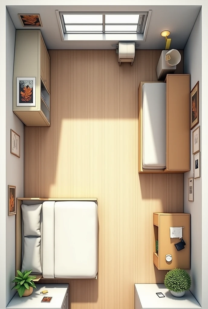 How to organize a room that is 4 meters long and 1 and a half meters wide if I have a 1 meter closet, a one meter dressing table, a 1 meter 40 centimeter bed and a 1 meter table. Create an image