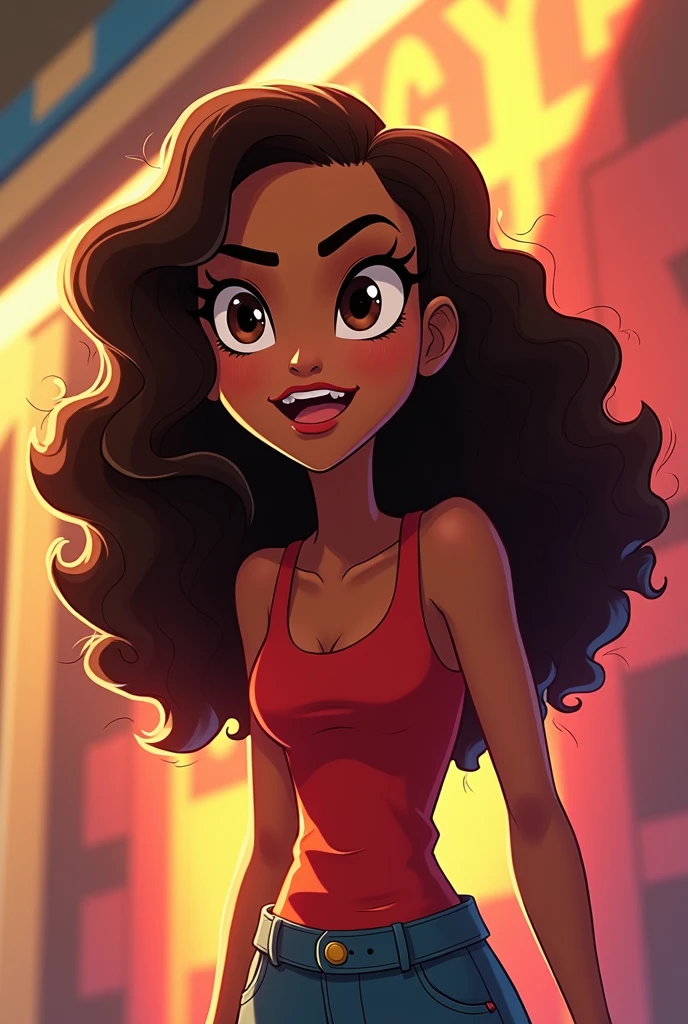 Female character animation style "total drama" whose characteristics are tanned skin, long brown curly hair and dark brown eyes.