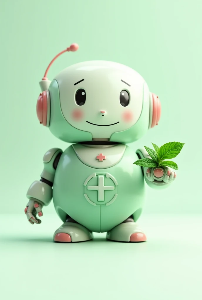 Small, chubby, light green friendly robot with a medical cross on its chest and holding a mint leaf in its hand
