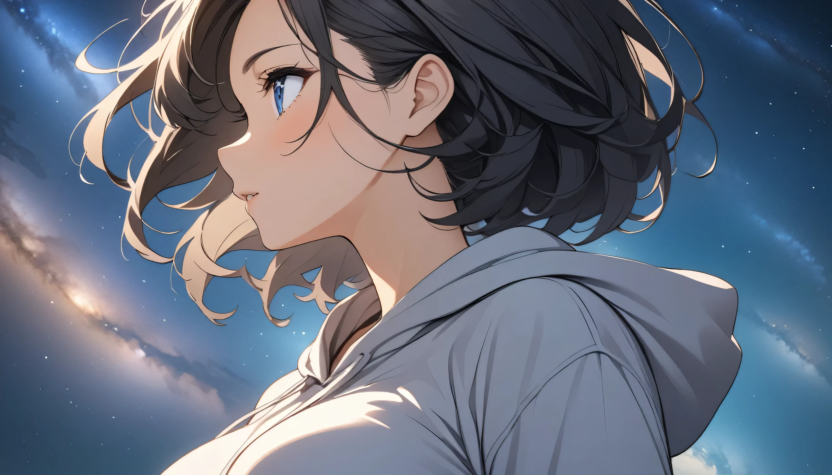 Starry Sky、milky way、One woman、Black Hair、Short Hair、Hair blowing in the wind、Braided hairstyle、Blue Eyes、profile、Wearing a hoodie、Large Breasts、Upper Body、Low - Angle