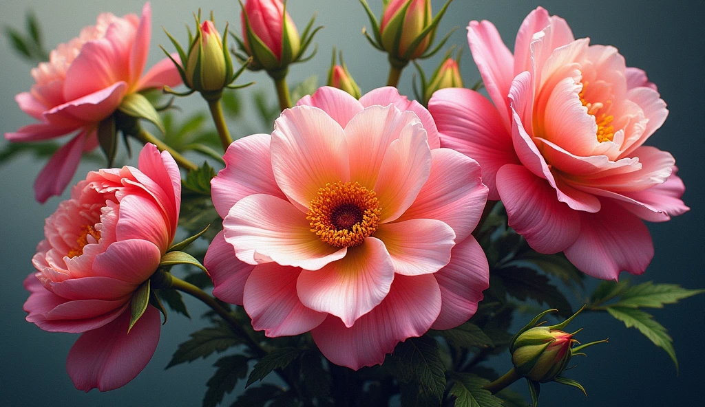 A highly detailed, hyper realistic painting of an exquisite floral arrangement, vibrant colors, sharp focus, intricate petals, delicate stamens, lush greenery, studio lighting, photorealistic, 8K resolution, masterpiece
