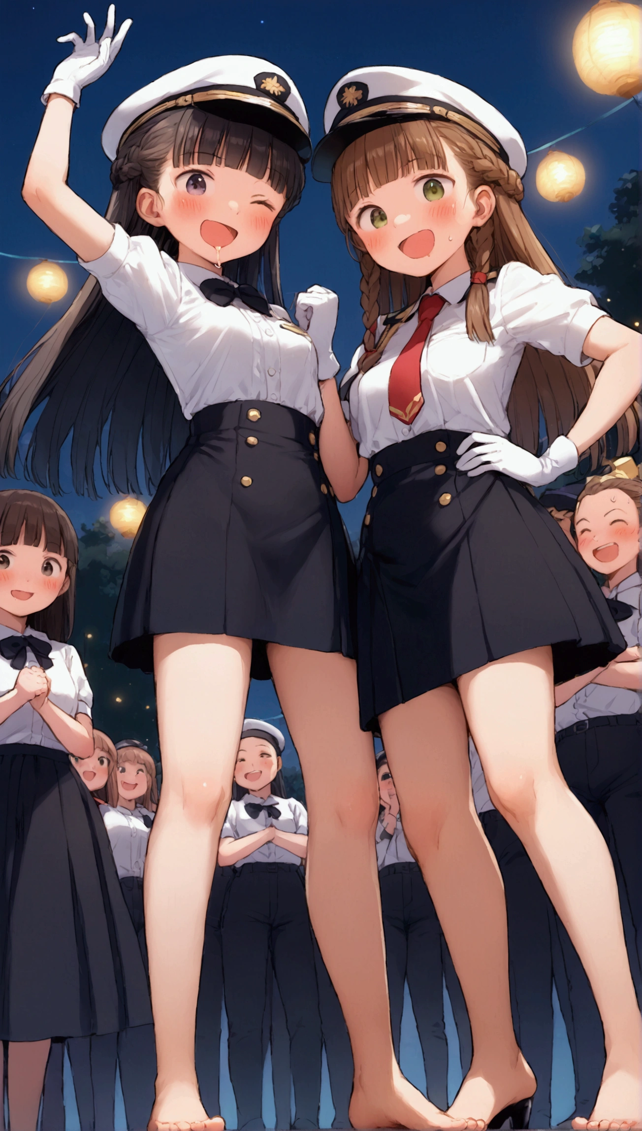 {Highest quality}, {Super beautiful},{Ultra fine},{Best illustration},Brown Hair,Hime cut,long hair,Braid,One woman,Standing Woman,Strike a pose,Adult women,smile,Excited face,Wink,Uniform cap,White Shirt,Short sleeve,long black skirt,White gloves,Night Festival,Blushing,Slender,Black stiletto heels,barefoot,From an angle,From below,Put one hand on your hip,Woman with closed legs,Dissatisfied face,Hold your mouth with one hand,Drooling