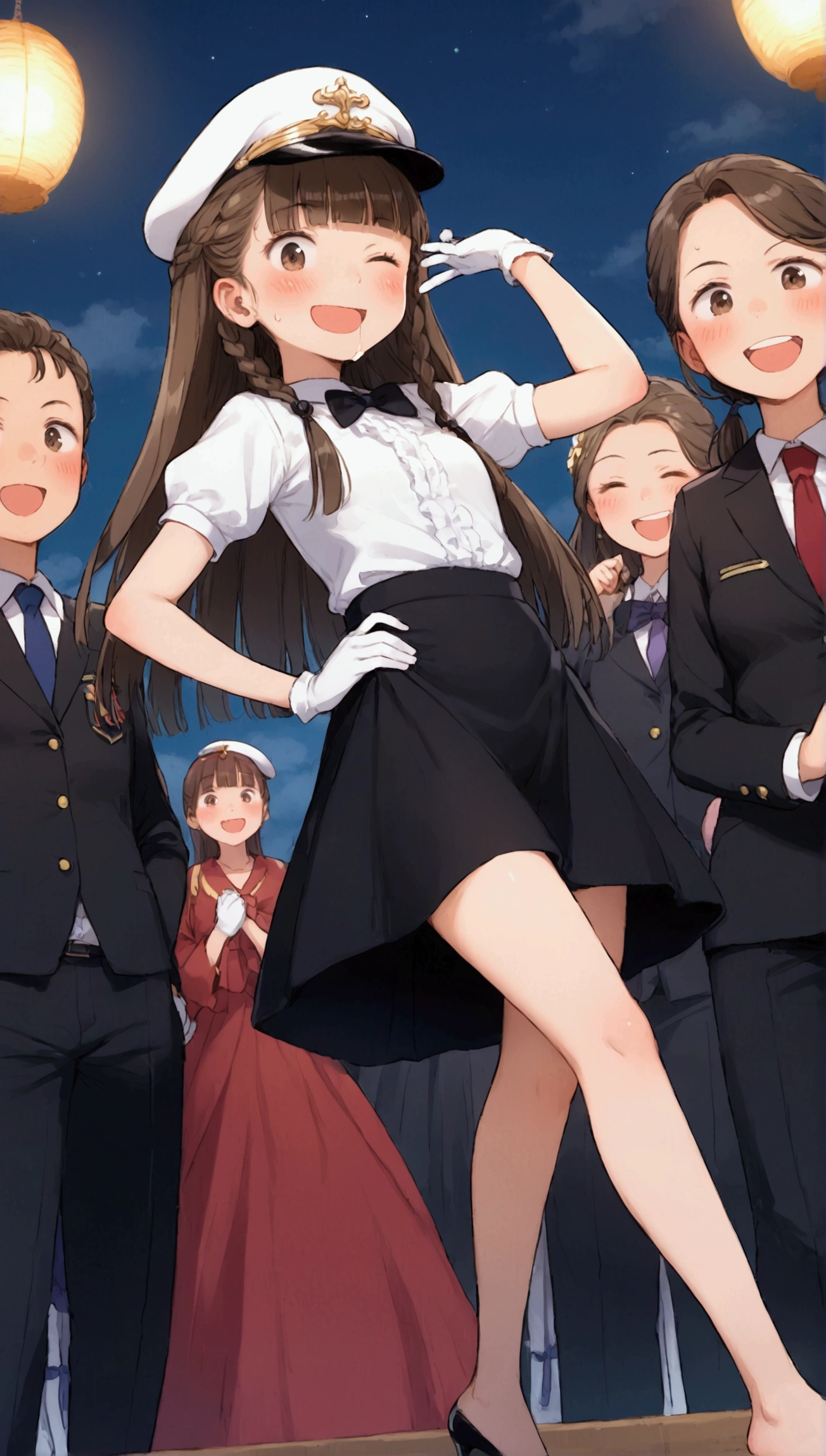 {Highest quality}, {Super beautiful},{Ultra fine},{Best illustration},Brown Hair,Hime cut,long hair,Braid,One woman,Standing Woman,Strike a pose,Adult women,smile,Excited face,Wink,Uniform cap,White Shirt,Short sleeve,long black skirt,White gloves,Night Festival,Blushing,Slender,Black stiletto heels,barefoot,From an angle,From below,Put one hand on your hip,Woman with closed legs,Dissatisfied face,Hold your mouth with one hand,Drooling