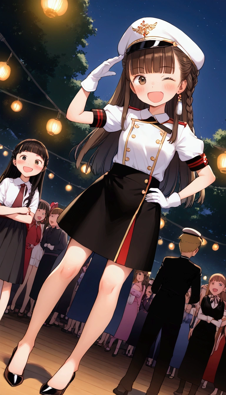 {Highest quality}, {Super beautiful},{Ultra fine},{Best illustration},Brown Hair,Hime cut,long hair,Braid,One woman,Standing Woman,Strike a pose,Adult women,smile,Excited face,Wink,Uniform cap,White Shirt,Short sleeve,long black skirt,White gloves,Night Festival,Blushing,Slender,Black stiletto heels,barefoot,From an angle,From below,Put one hand on your hip,Woman with closed legs,Dissatisfied face,Hold your mouth with one hand,Drooling