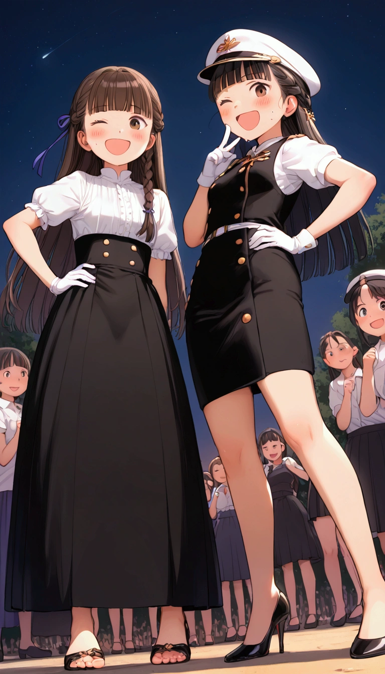 {Highest quality}, {Super beautiful},{Ultra fine},{Best illustration},Brown Hair,Hime cut,long hair,Braid,One woman,Standing Woman,Strike a pose,Adult women,smile,Excited face,Wink,Uniform cap,White Shirt,Short sleeve,long black skirt,White gloves,Night Festival,Blushing,Slender,Black stiletto heels,barefoot,From an angle,From below,Put one hand on your hip,Woman with closed legs,Dissatisfied face,Hold your mouth with one hand,Drooling