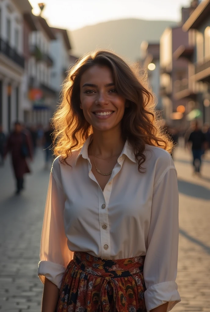 from above. Portrait of a beautiful light brown Ecuadorian woman, 34 years, without showing their teeth, light brown wavy hair. ( She is standing in the historic center of Quito and in the background you can see the panecillo, she is wearing a shirt and a skirt of random colors, in the evening light:1.2), Perfect eyes, perfect hands, perfect body, perfect hair, small natural breasts, hair behind the ear, HD, retina, masterpiece, necessary, textured skin, Super detail, with small imperfections, High details, high quality, awarded, Best Quality, High resolution, 16k, 8k, Hyper realistic INFO