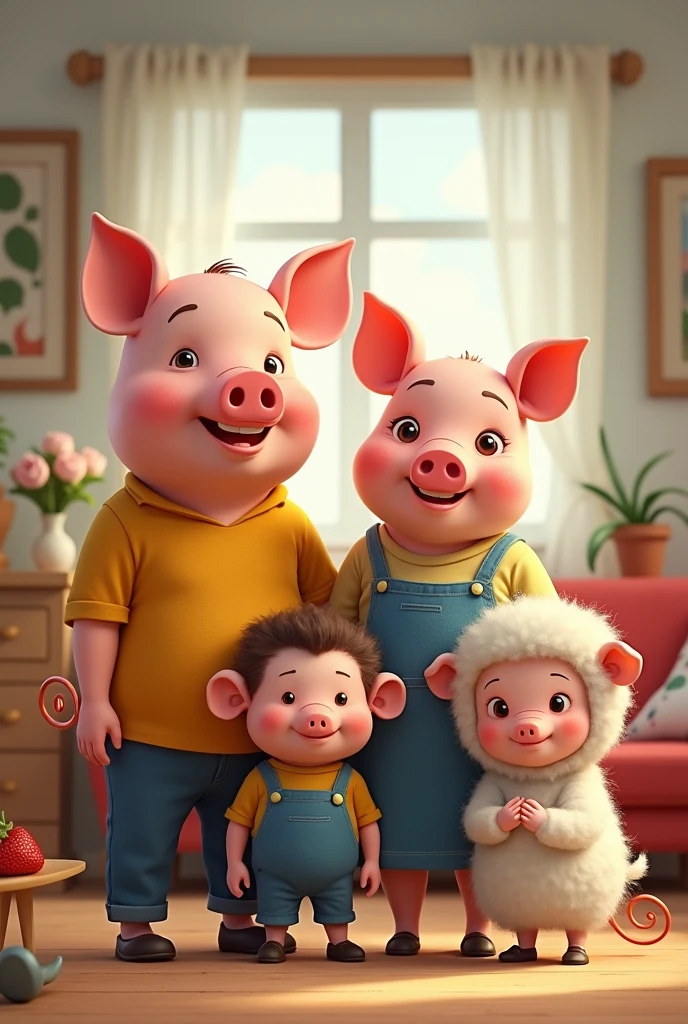 Daddy is pig
Mommy is pig
Two sons are monkey and sheep