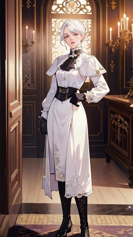a determined victorian era woman, early 30's, scientist, pristine white labcoat, white clothes, writing, straight white hair, striking purple eyes, side-swept bangs, wearing a monocle, long black gloves, skirt, long black boots detailed realistic portrait, photorealistic, hyperrealistic, 8k, detailed clothing, beautiful detailed eyes, beautiful detailed lips, extremely detailed face, intricate ornate details, cinematic lighting, dramatic shadows, warm color tones, natural lighting, highly detailed, masterpiece, artstation, sharp focus, hyper detailed, full body