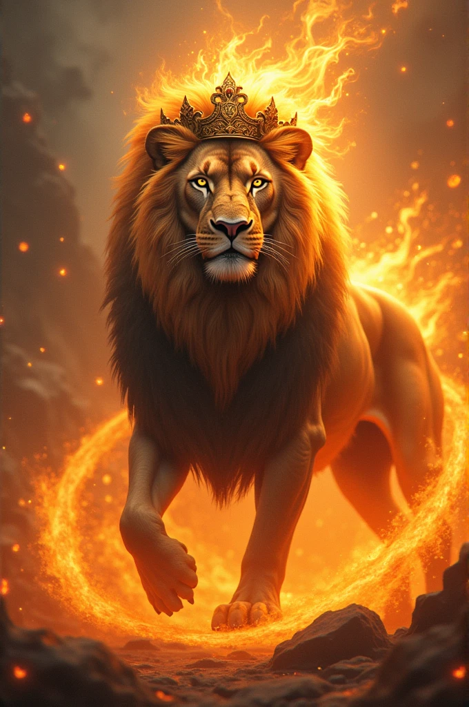 A lion with a crown and fires around