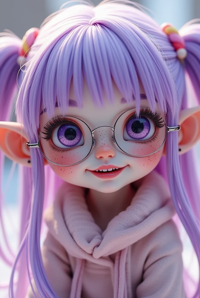 a cute white-skinned elf with pigtails and purple bangs with candy ornaments, purple and pink eyes, jagged teeth and purple inside the mouth, freckles on the face and round glasses, cute clothes in pastel colors, cute eyelashes, elf ear piercings