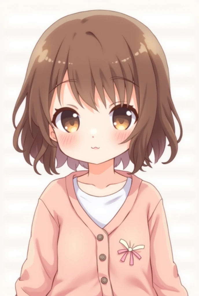 brown wavy shoulder-length anime chibi.and wear a pink cardigan with ribbon.and a white T-shirt