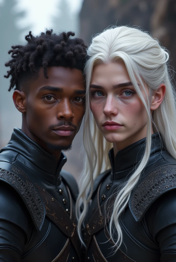 2 males, 1 male,beauty, white long hair, eyes lilac, and, 1 male, high, short hair, brown skin, game of thrones.