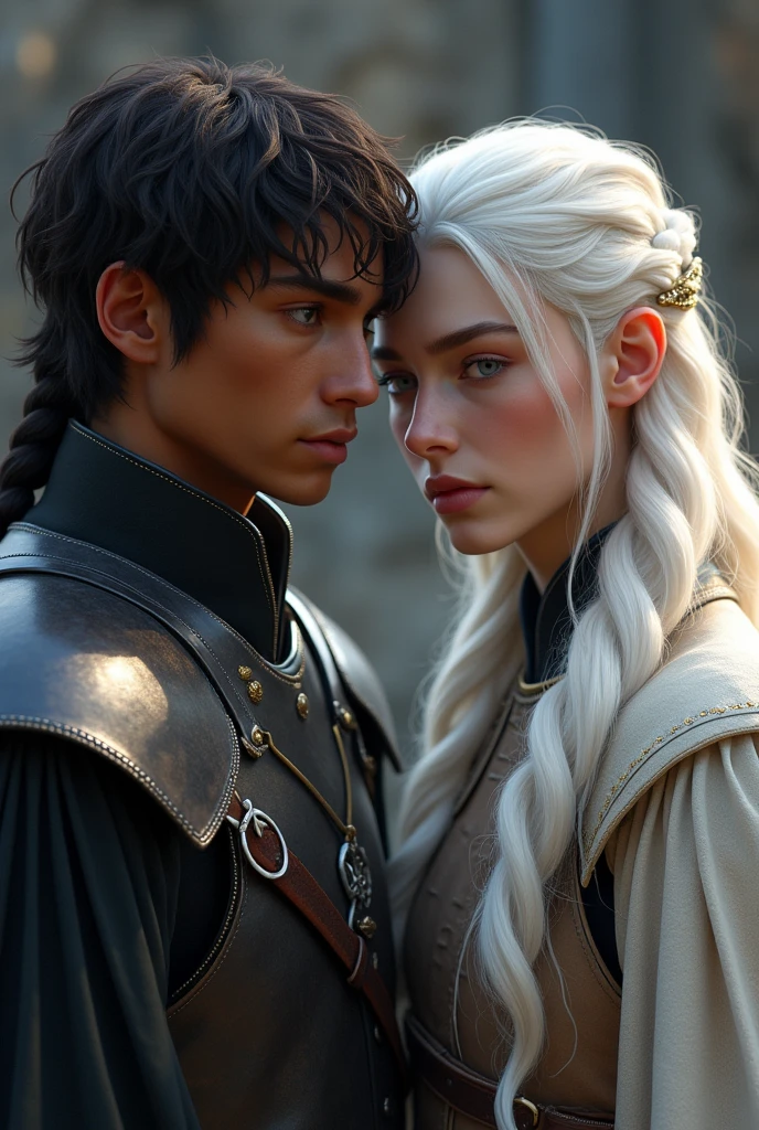 2 males, 1 male,beauty, white long hair, eyes lilac, and, 1 male, high, short hair, brown skin, game of thrones.