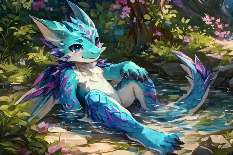 a blue wyvern with purple markings, cute and adorable,little,male,with little claw,stand,Soak your feet in water,Puddle,swim