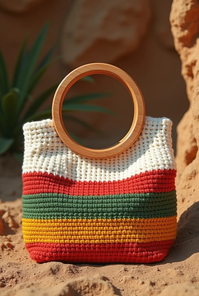 Act as designer,Create some image of unique stylish Crochets bag with wooden handle in colour combination of white ,red, green and mustard for 2025 trends
Make It more professional