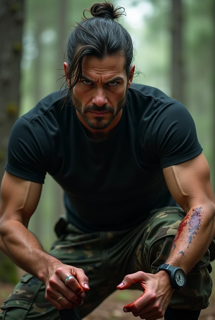 Create a realistic photo of a healthy man wearing a black short-sleeved shirt, and military print pants. He has medium length hair tied up and loose and light green eyes., your face has a murderous expression. Your face has no beard.. He wears black military boots and has a tactical knife strapped to his leg.. He is in a pine forest and his hands are Stained with blood
