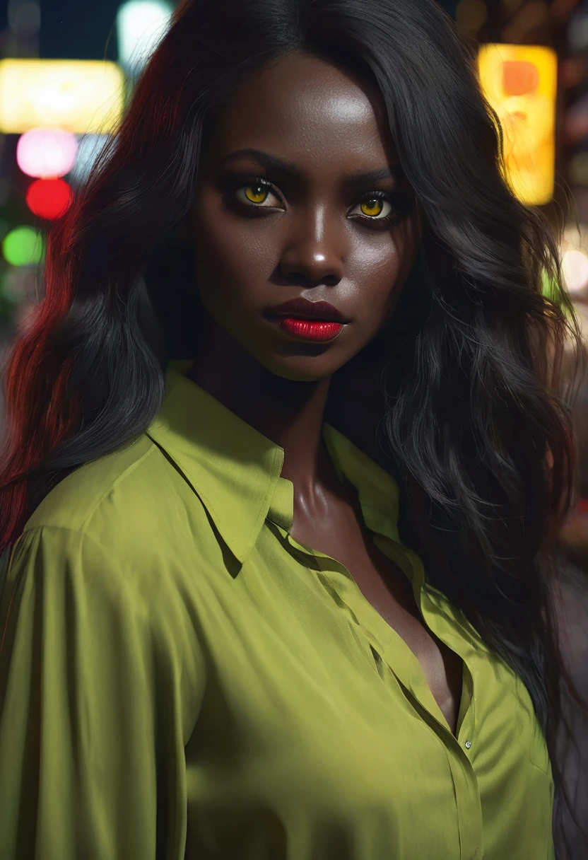 1 woman, inside a city at night, wearing a moss green blouse, female yellow eyes, dark black skin, detailed black skin, long red choppy hair, dramatic lighting, cinematic composition, dark palette, dark colors, atmospheric haze, thin chin, soft face, serious face, beautiful woman, adult woman, ultra realistic, adult woman, (best quality, 4K, 8K, high resolution, art: 1.2), ultra detailed (realistic, photorealistic, photorealistic: 1.37)
