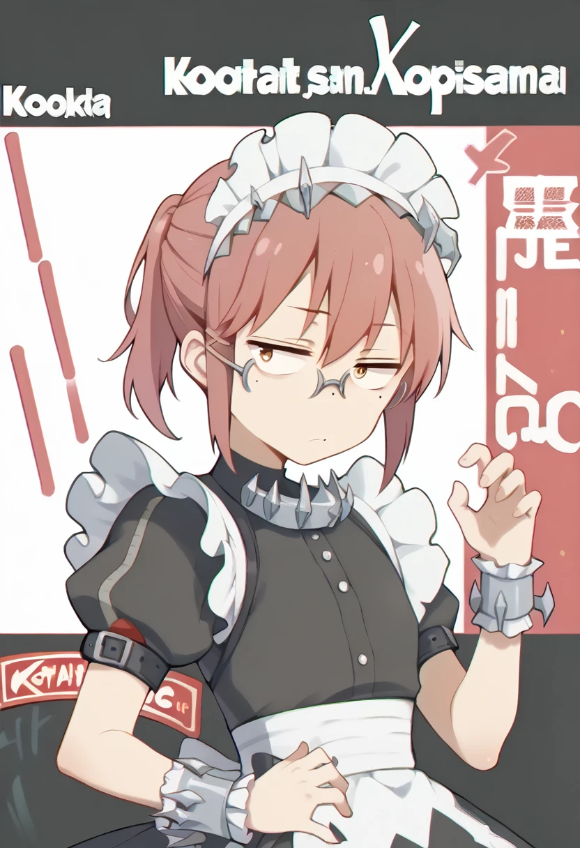 1girl,((Kobayashi, (Bust size very very small.)), (flat chest:1.2),)) ,maid_headdress,black_dress,wrist_cuffs,puffy_short_sleeves,mole_under_eye,frilled_dress,black_pantyhose, full body shot, Greeting