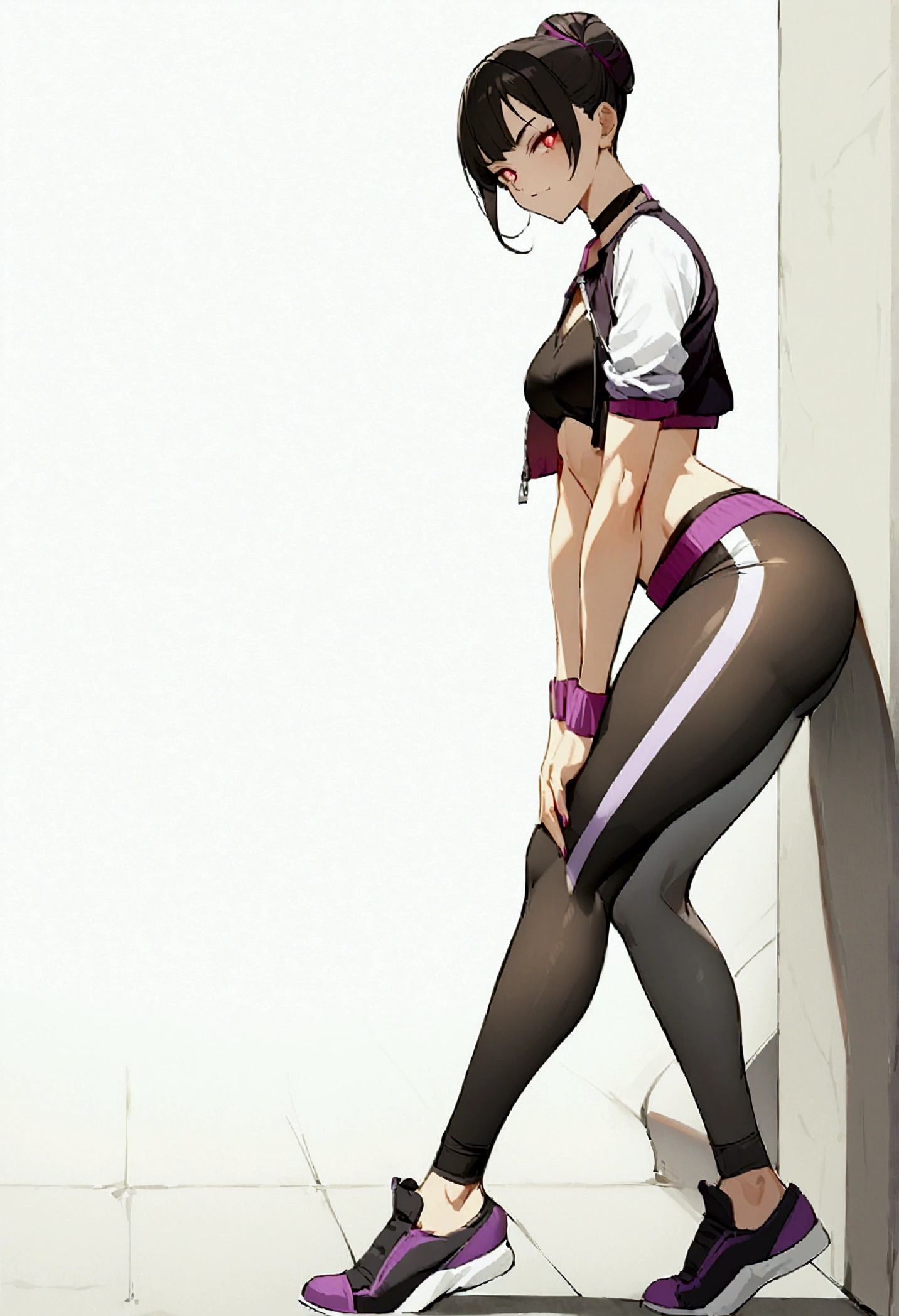 beautiful young fitness woman with , in a gym wearing May with black pantyhose, white and purple tight short gym jacket. standing alone,red eyes glowing,Evil smile,legging preto ,labiaa,dark eye shadow,shining eyes,mao nos joelhoscrouched,neckleace,jacket zipper half open,Tight black shirt,white sports tennis shoes,short hair with purple details,beautiful curves,whole body,hair with purple details,labiaa,detailed face and eyes,work of art,sexy look,crouched,pefil from sideways,from sideways,looking at the viewer,leaning against a wall