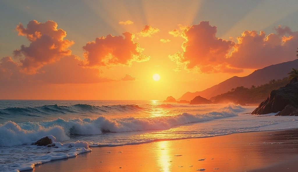 make a beach view that had sunrise that giving hopes the sunrise had golden brown shine make the artstyle look like draw on canvas