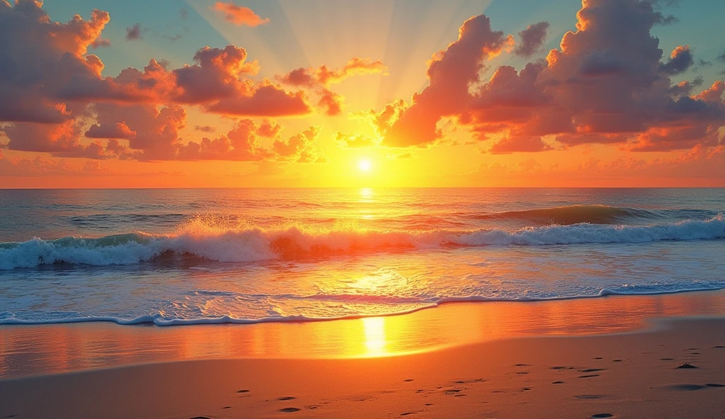 make a beach view that had sunrise that giving hopes the sunrise had golden brown shine make the artstyle look like draw on canvas