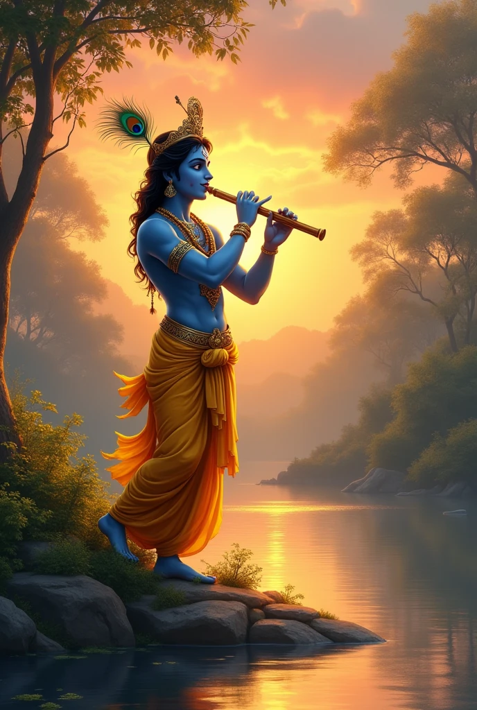 A serene depiction of Lord Krishna playing the flute at sunset. He is standing by a calm river, with lush greenery around him. Krishna, with his blue skin, is adorned in a yellow dhoti and a crown with peacock feathers. The sky is ablaze with warm sunset hues—orange, pink, and gold—casting a divine glow over the scene. His posture is relaxed, with one leg crossed over the other, and his expression is peaceful, creating a tranquil and spiritual atmosphere.
