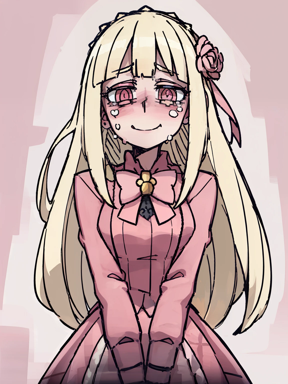 ((A woman,Long blond hair,Pink dress,Lolita Skirt,Pink flower hairpin,Blue pupils)),Bow tie on chest,front,Half Body,((cry,Smile)),blush,White background