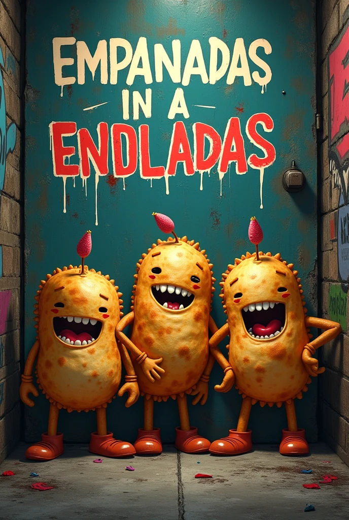 Create a guerrilla marketing image featuring empanadas with the message "empanada without fine" in Spanish