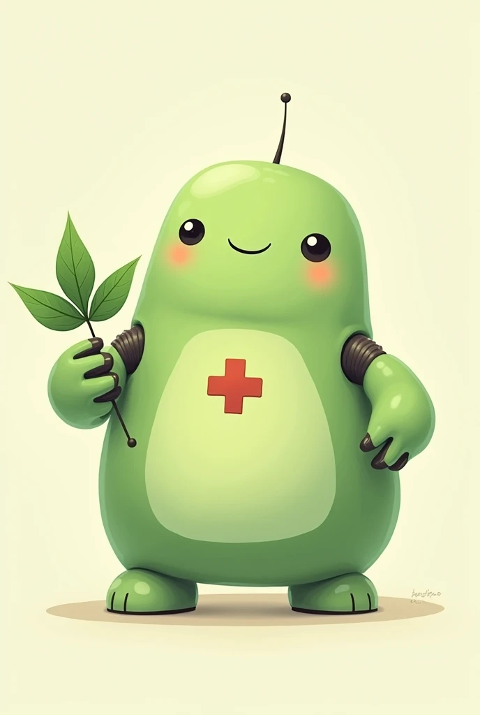 Chubby light green friendly robot with a medical cross on its chest and holding a mint leaf in its hand 