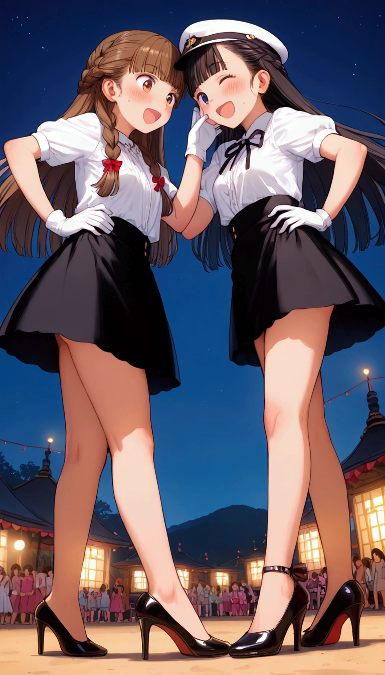 {Highest quality}, {Super beautiful},{Ultra fine},{Best illustration},Brown Hair,Hime cut,long hair,Braid,One woman,Standing Woman,Strike a pose,Adult women,smile,Excited face,Wink,Uniform cap,White Shirt,Short sleeve,long black skirt,White gloves,Night Festival,Blushing,Slender,Black stiletto heels,barefoot,From an angle,From below,Put one hand on your hip,Woman with closed legs,blow a kiss with one hand