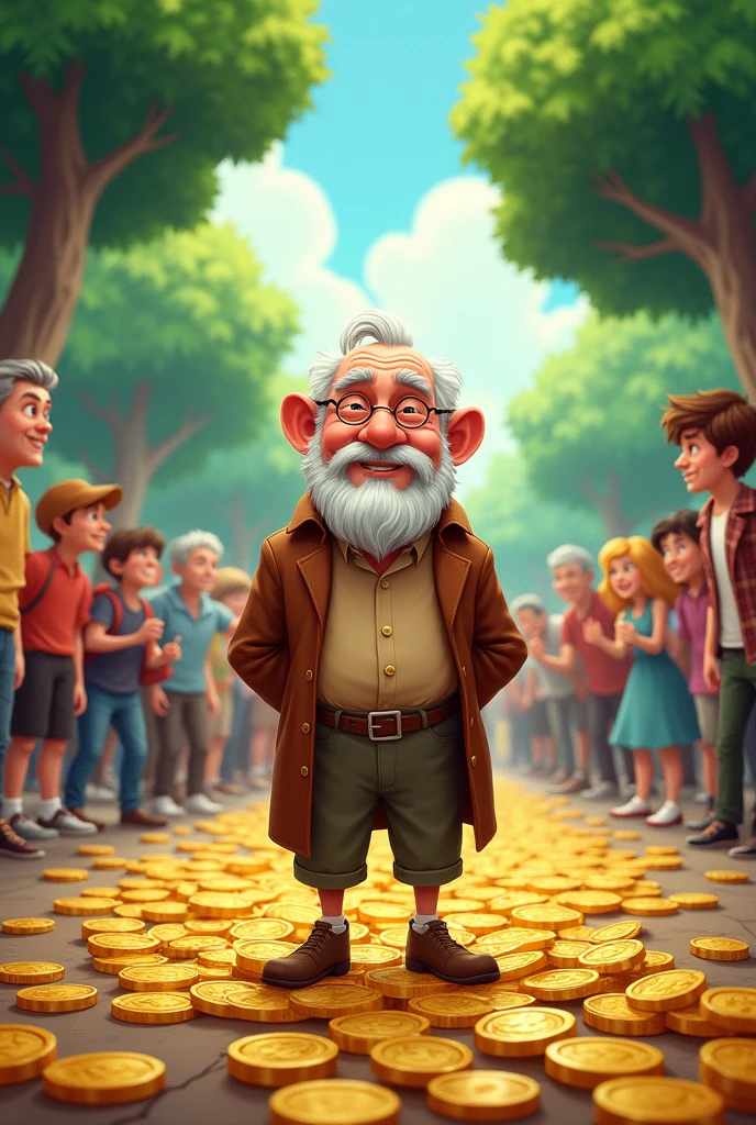 a picture of a cartoon of a old man standing in front of a bunch of coins, and many people look around and tree .