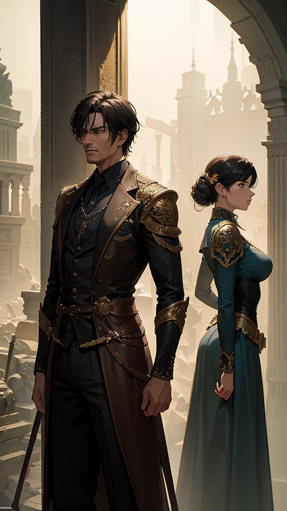 a man and a woman standing back to back, highly detailed, photorealistic, cinematic lighting, dramatic pose, beautiful mysterious atmosphere, intricate details, warm tones, dramatic shadows, high quality, masterpiece