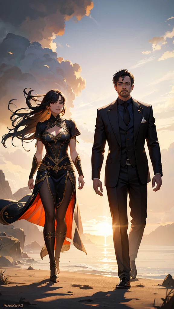 a man and a woman standing back to back, highly detailed, photorealistic, cinematic lighting, dramatic pose, beautiful mysterious atmosphere, intricate details, warm tones, dramatic shadows, high quality, masterpiece