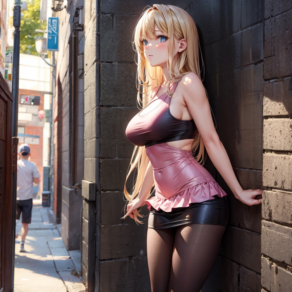 Early 30s, long blonde hair, large heavy breasts, slender build, pink tank top (braless), short leather skirt, pantyhose, leaning back against a wall, legs parted