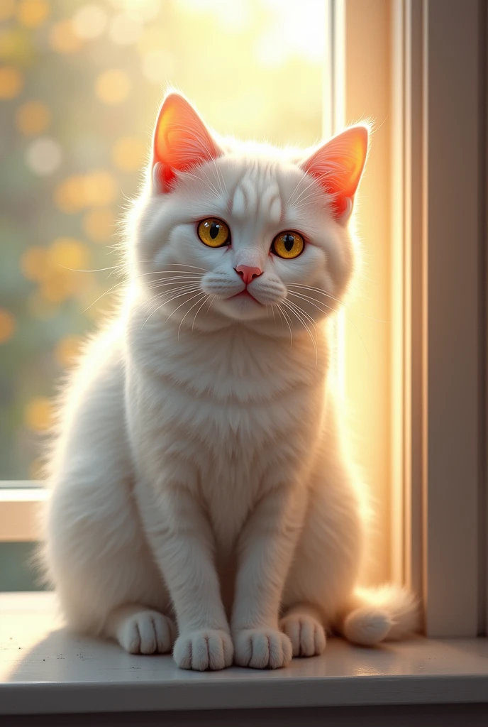 (photorealism:1.2), a white cat on a window, its fur is beautiful and soft, yellow eyes, , warm lighting, cozy sunlight, relaxed pose, realistic, realistic details, realistic colors.