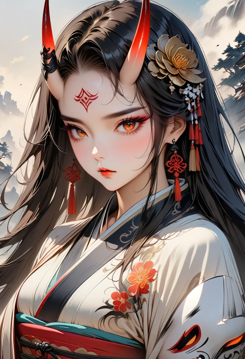 (Masterpiece, Top quality, Best quality, Official art, Beautiful and aesthetic:1.2), Ink painting, (((Very detailed forehead tattoo))), (((Wearing Anbu fox mask)))A tempting devil,1 girl, wearing a kimono, (2 small oni horns:1.6), water around, Glowing body, Colorful, Top detailed, Cold light, Tattoo
