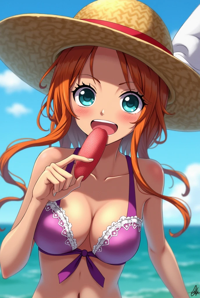 a cartoon picture of a woman in a bikini top and jeans, nami one piece, nami from one piece, nami, beautiful portrait of nami, from one piece, oppai, blue eyes, smoking, ponytail