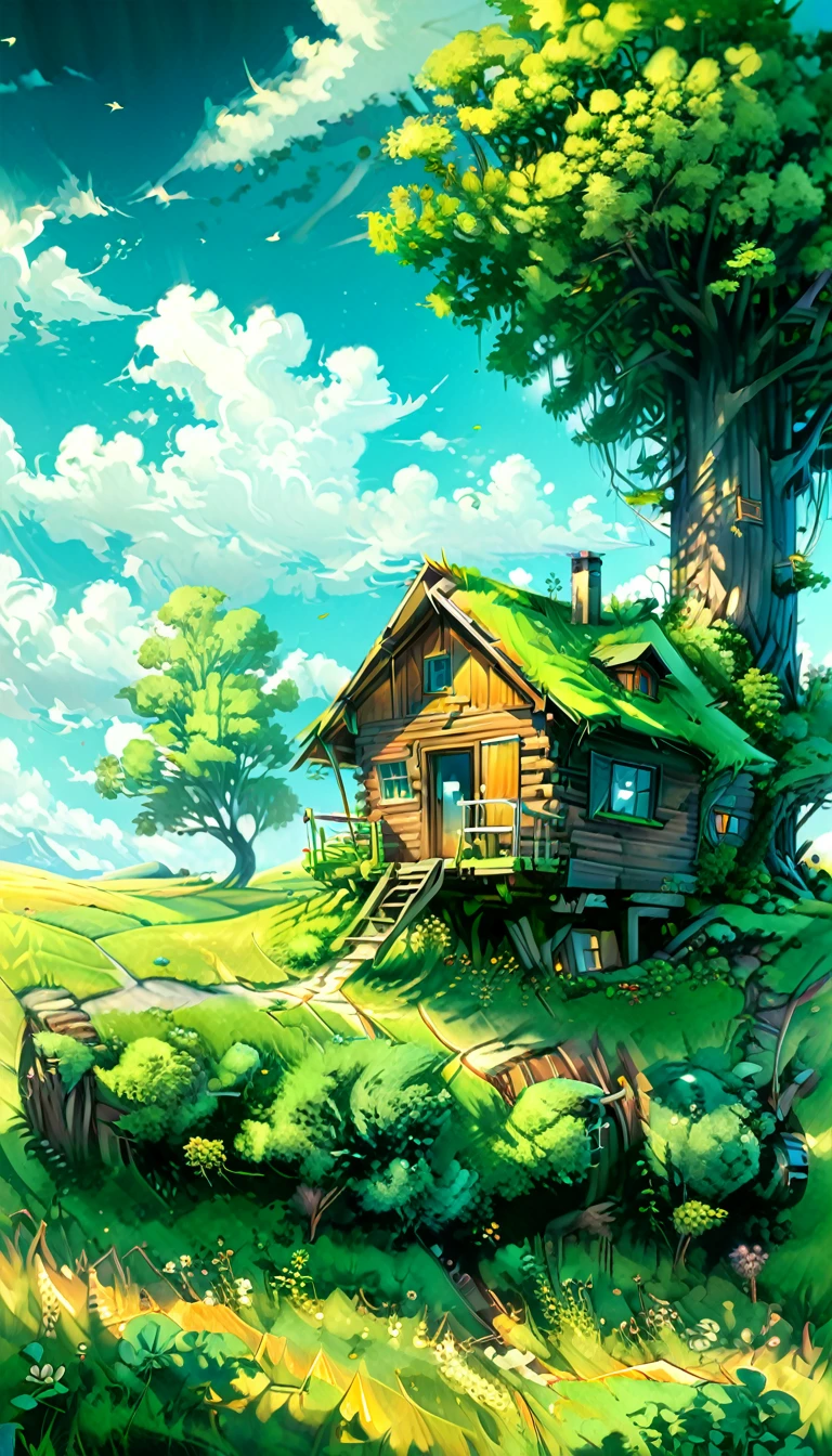 a painting of a cabin under a tree in a field, makoto shinkai cyril rolando, anime art wallpaper 4k, anime art wallpaper 4k, animated background, anime art wallpaper 8k, animated background art, anime landscape wallpaper, amazing wallpaper, hd wallpaper, 4k anime wallpaper, 4k anime wallpaper, anime countryside landscape, Highly detailed 4k digital art