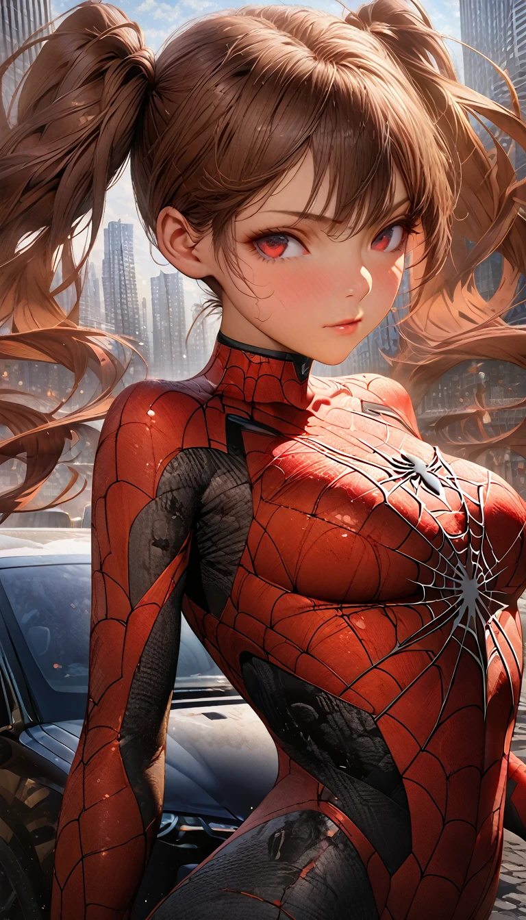 (masterpiece, Highest quality), Intricate details, 8k, Art Station, wallpaper, Official Art, Splash Art, Sharp focus,, One girl, Long Hair, Twin tails, Red eyes, Brown Hair, , Spider Suit, spiderweb printing, spiderweb, , skyscraper, city, building, car, street, (Realistic skin texture:1.3),