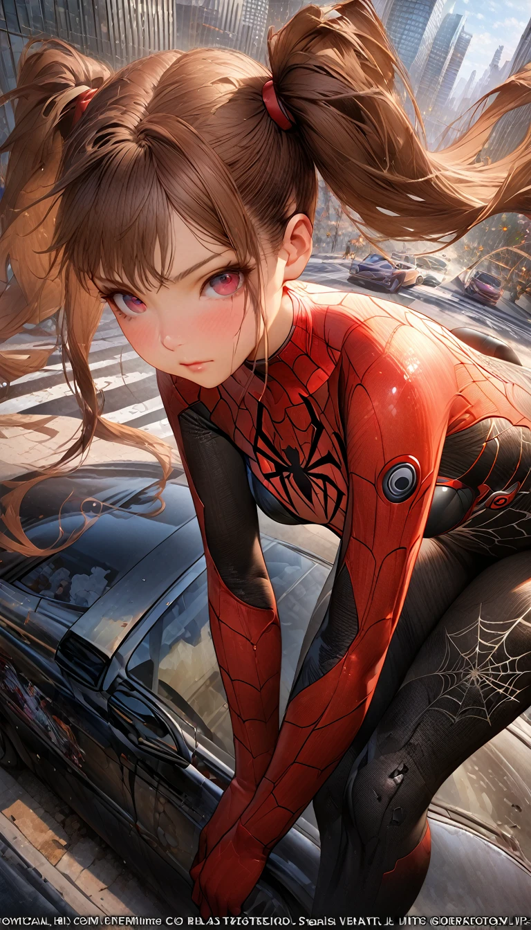 (masterpiece, Highest quality), Intricate details, 8k, Art Station, wallpaper, Official Art, Splash Art, Sharp focus,, One girl, Long Hair, Twin tails, Red eyes, Brown Hair, ,  Spider Suit, spiderweb printing, spiderweb,  , skyscraper, city, building, car, street, (Realistic skin texture:1.3),