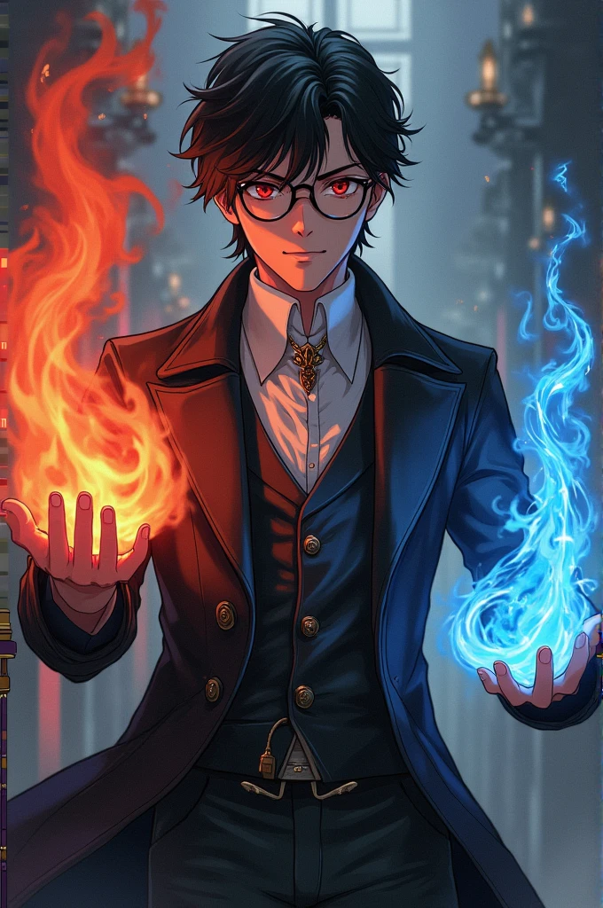 28-year-old man with glasses, blackquality hair, Eyes red, England 19th century, exorcist, red fire and another element water in the other hand, anime styling