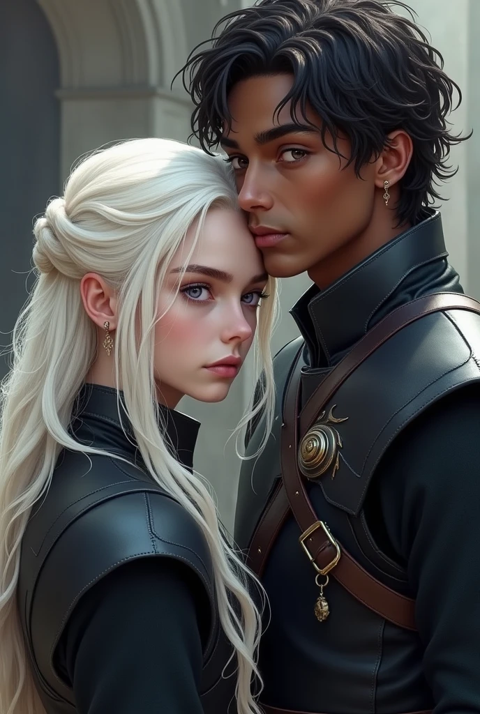 2 males, 1 male,beauty, white long hair, eyes lilac, and, 1 male, high, short hair, brown skin, game of thrones.