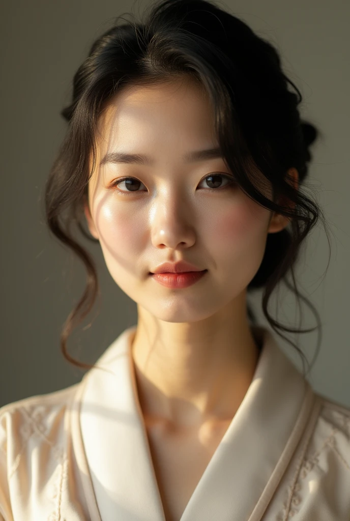 An elegantly dressed Japanese woman in natural light、A close-up of her chest and calm expression.、It shows her inner peace and outer charm.。