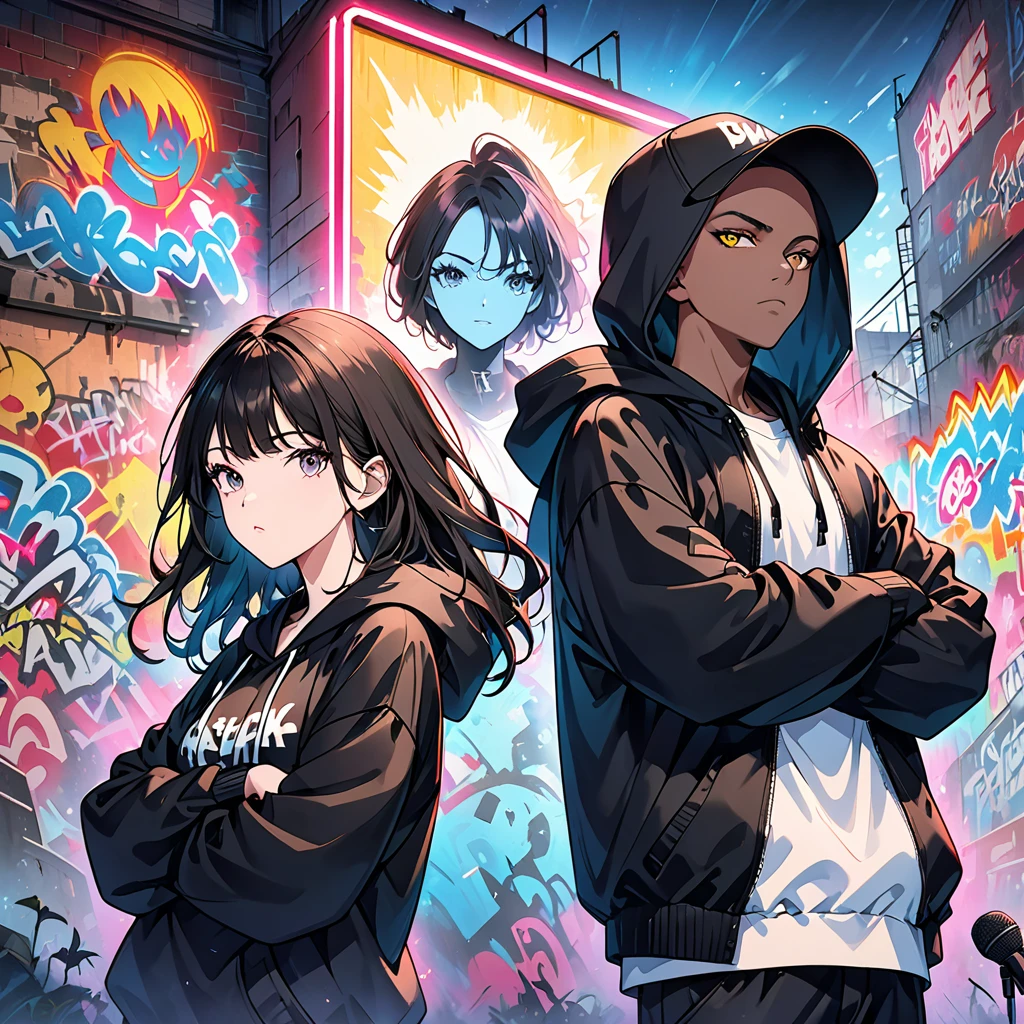 Generate an image of a hip-hop duo consisting of a man and a woman. Both have their upper bodies shown with faces as black silhouettes. The man is in a hoodie, arms crossed, and the woman is holding a microphone. The background features urban elements like graffiti and neon lights, capturing the gritty energy of hip-hop