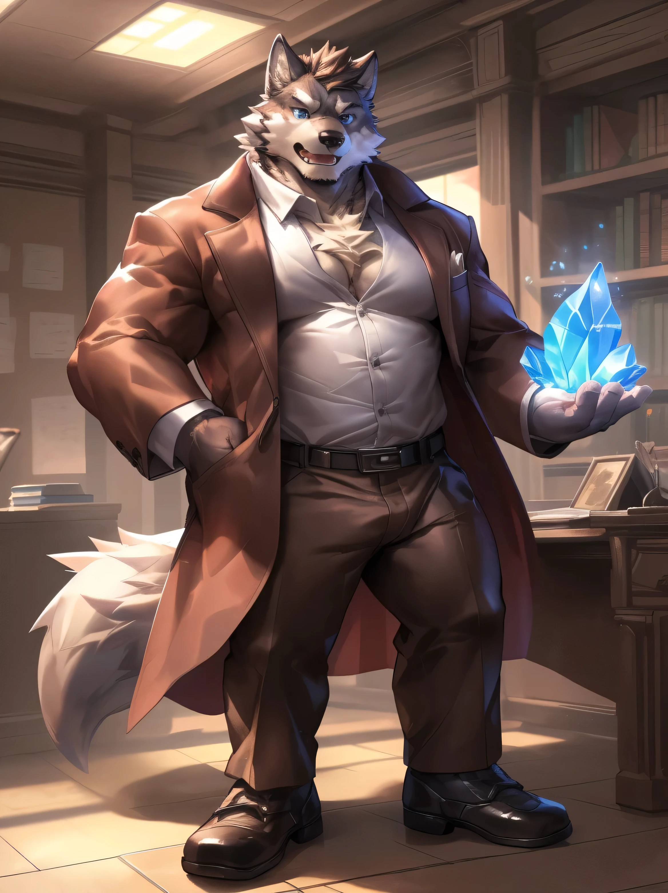 solo, furry, furry male, wolf, ((furry body, fluffy fur, fluffy)), (wolf print, brown fur), brown body, fohawk hair, blue eyes, (scar, left eye scar), fluffy neck hair, closed mouth, fluffy chest, bara, (trench coat, brown coat), (dress shirt, opened shirt), (left hand ring, blue ring), (slack pants, brown pants), belt, (dress shoes, black shoes), indoor, fantasy setting, fantasy background, (fantasy office), crystal ball, magic, (By lindong, By Takamoto, By Saimin Koubou, masterpiece, high quality, hi-res, full body, absurdres), serious expression, (fluffy tail, wolf tail), detailed eyes, detailed face, detailed clothes, detailed body, HD eyes, correct anatomy,